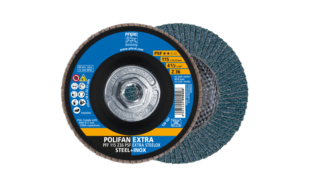 7 Diameter PFERD 60506 Polifan PSF Z-Extra Type 27 Flat Flap Disc Zirconia Alumina 8600 RPM 5/8-11 Thread 36 Grit