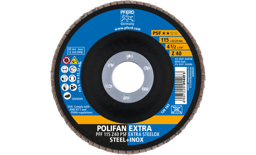 PFERD 60493 Polifan PSF Z-Extra Type 27 Flat Flap Disc 12200 RPM 40 Grit 5 Diameter 5/8-11 Thread Zirconia Alumina 