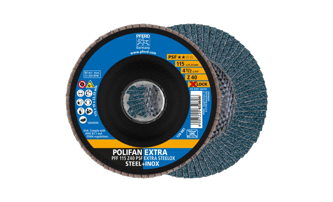 PFERD 60495 Polifan PSF Z-Extra Type 27 Flat Flap Disc 12200 RPM 60 Grit 5/8-11 Thread 5 Diameter Zirconia Alumina 