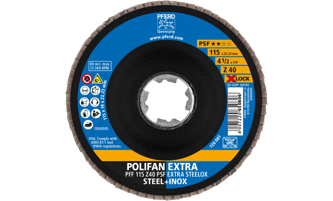 4-1/2 x 7/8 POLIFAN Flap Disc Flat PSF-Extra Zirconia 120 Grit 