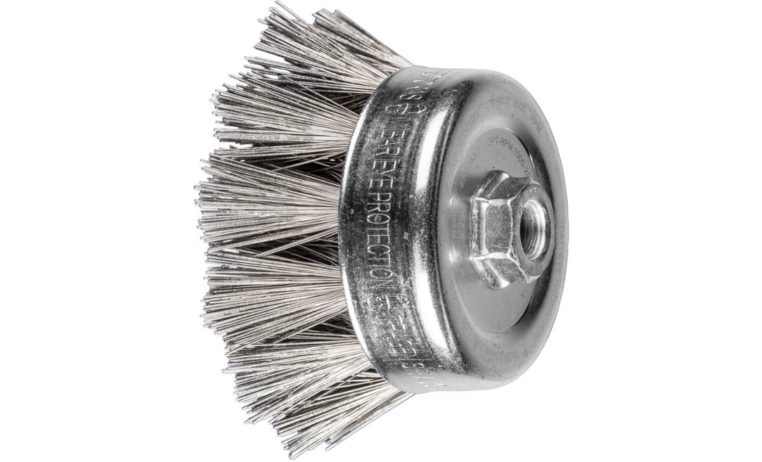 PFERD 82629 Knot Bevel Brush 5 Diameter Stainless Steel Wire 15000 RPM 0.014 Wire Size 5/8-11 Thread 